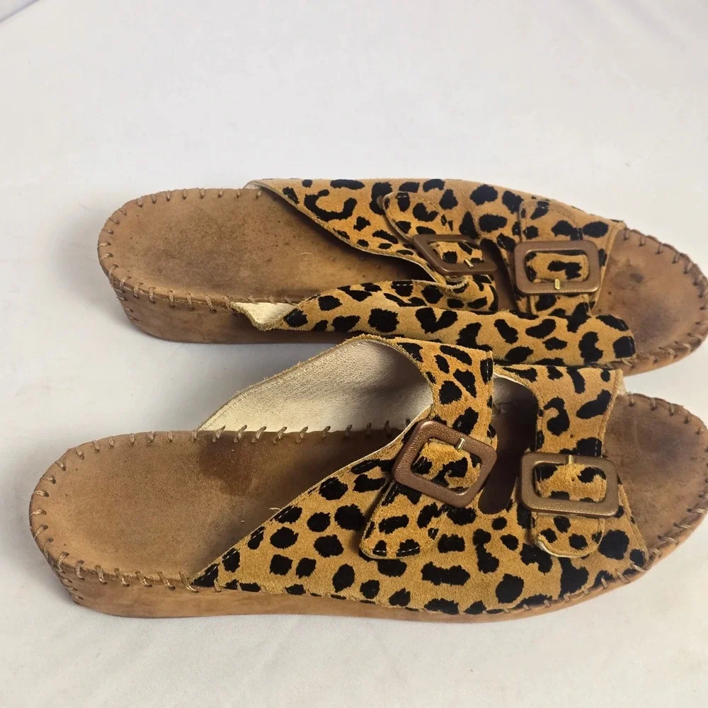 La Plume Leopard Print Double Buckle Platform Slide Sandals Tan Brown  Print 39